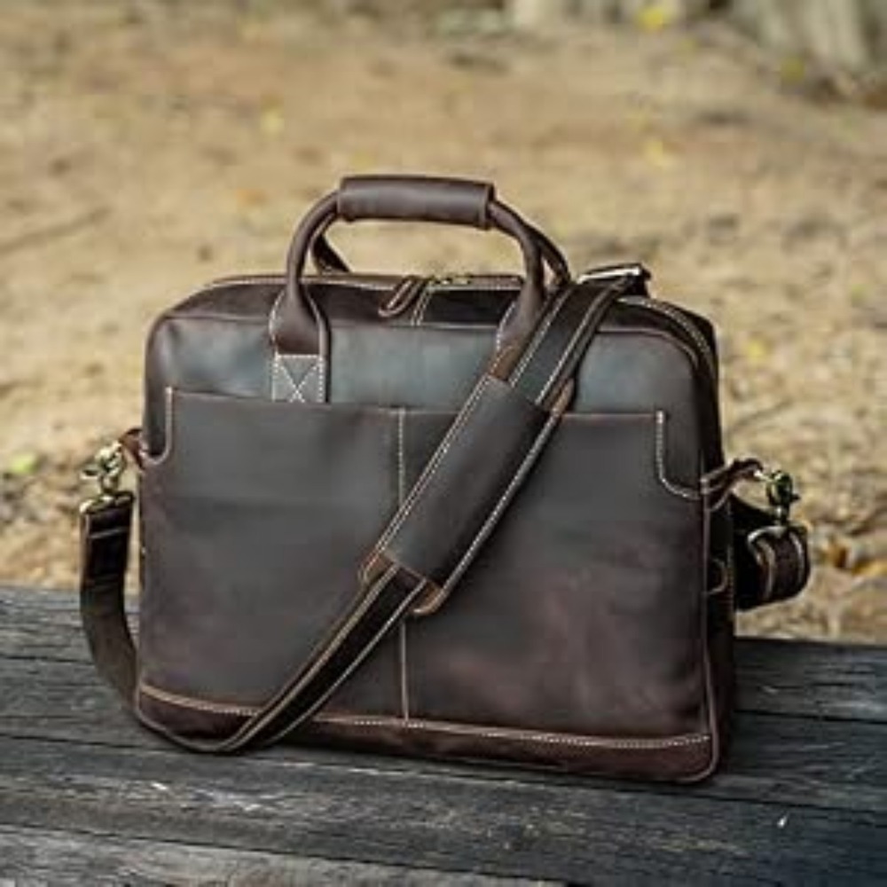 Men's Brown Distressed Leather Laptop Messenger Bag